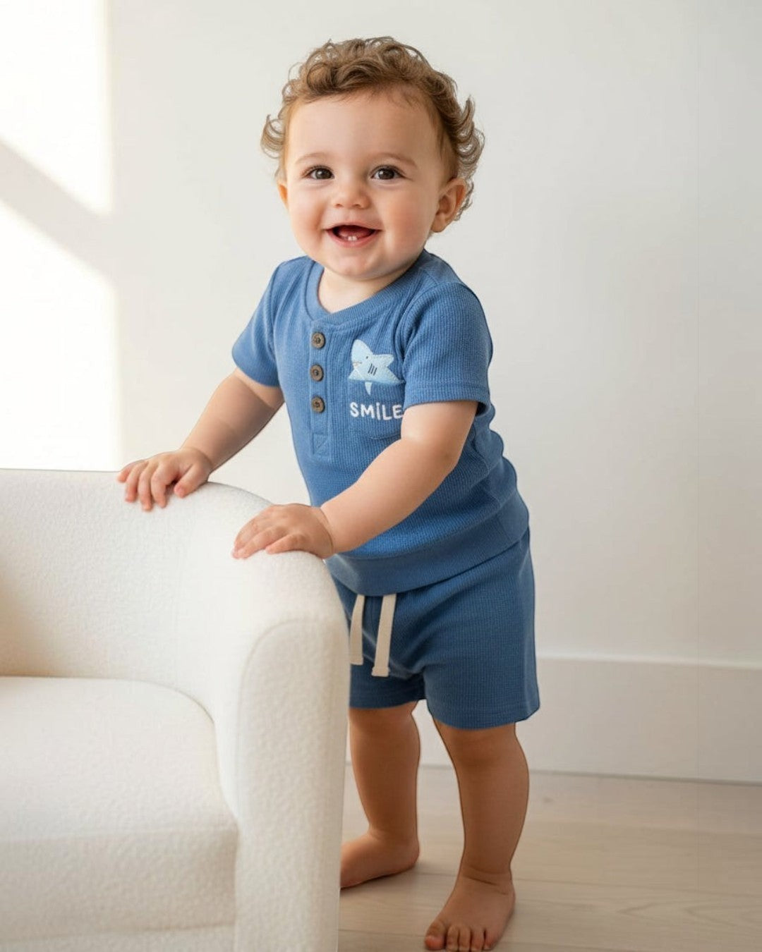 Blue children's outfit with a shirt and shorts on a white background