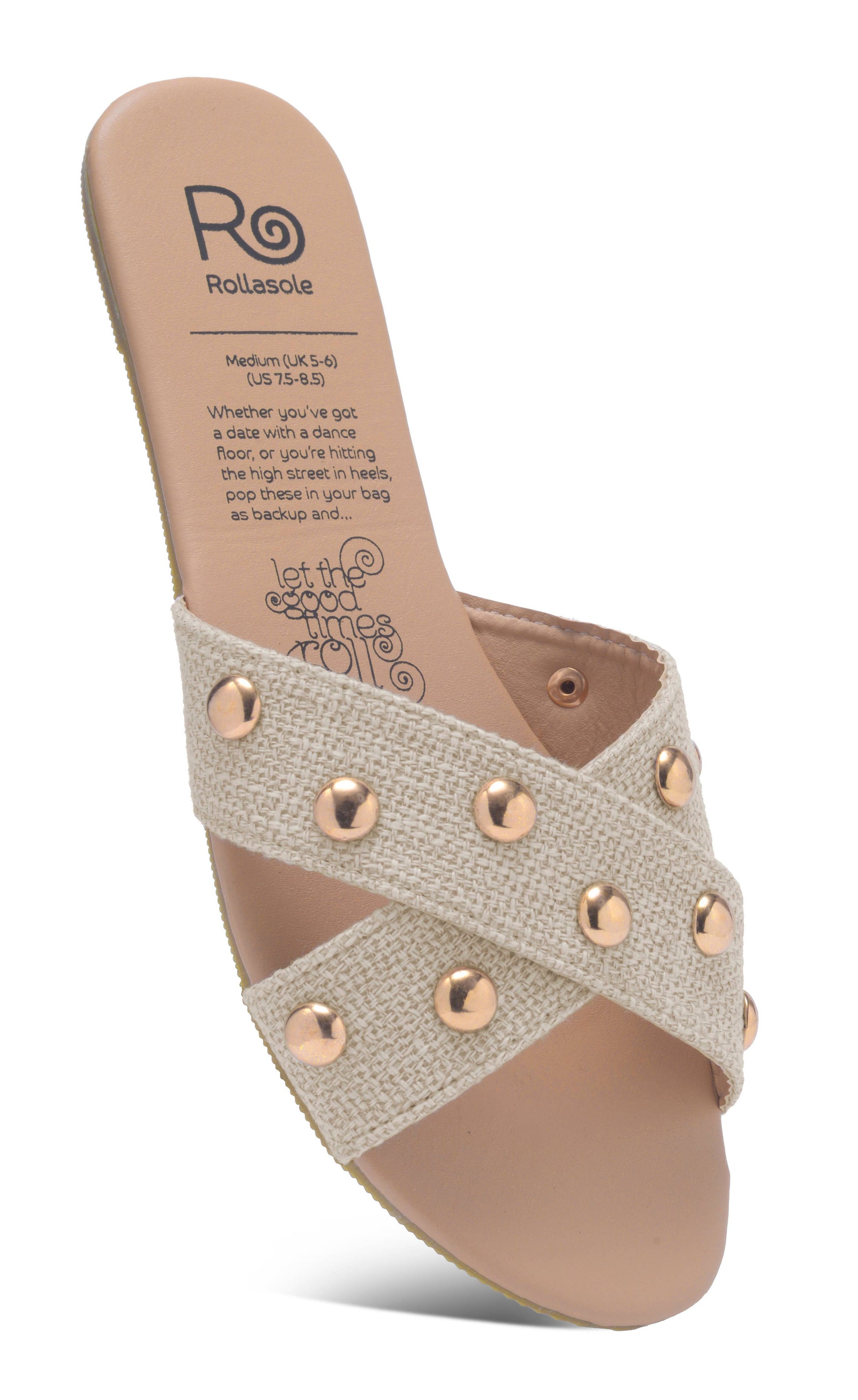 Beige sandal with rose gold studs on a white background