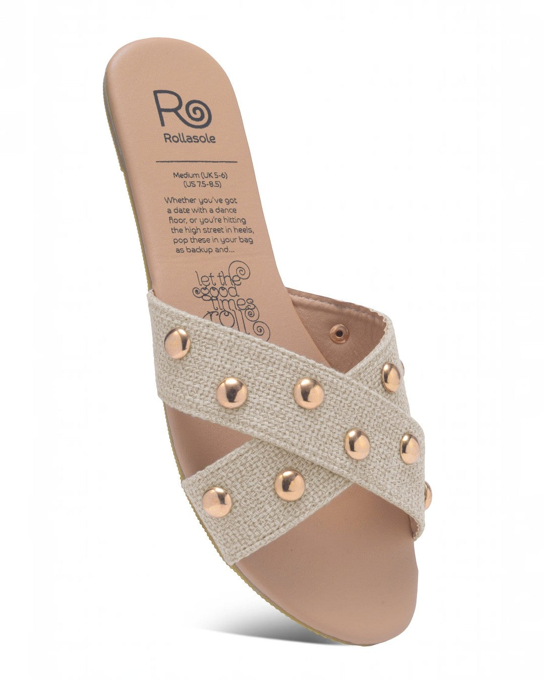 Beige sandal with rose gold studs on a white background
