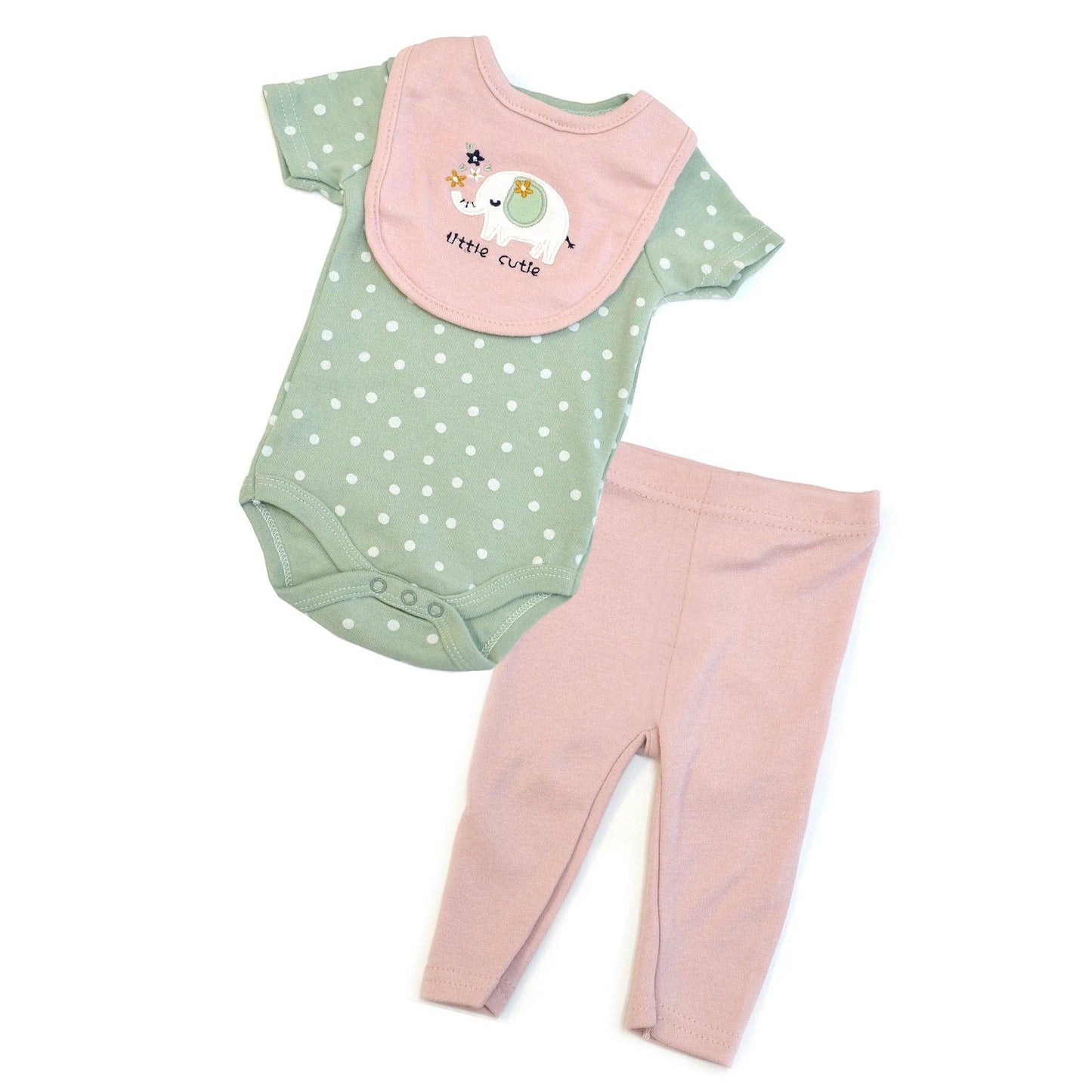 Baby outfit with green polka dot onesie, pink bib, and matching pants on a white background