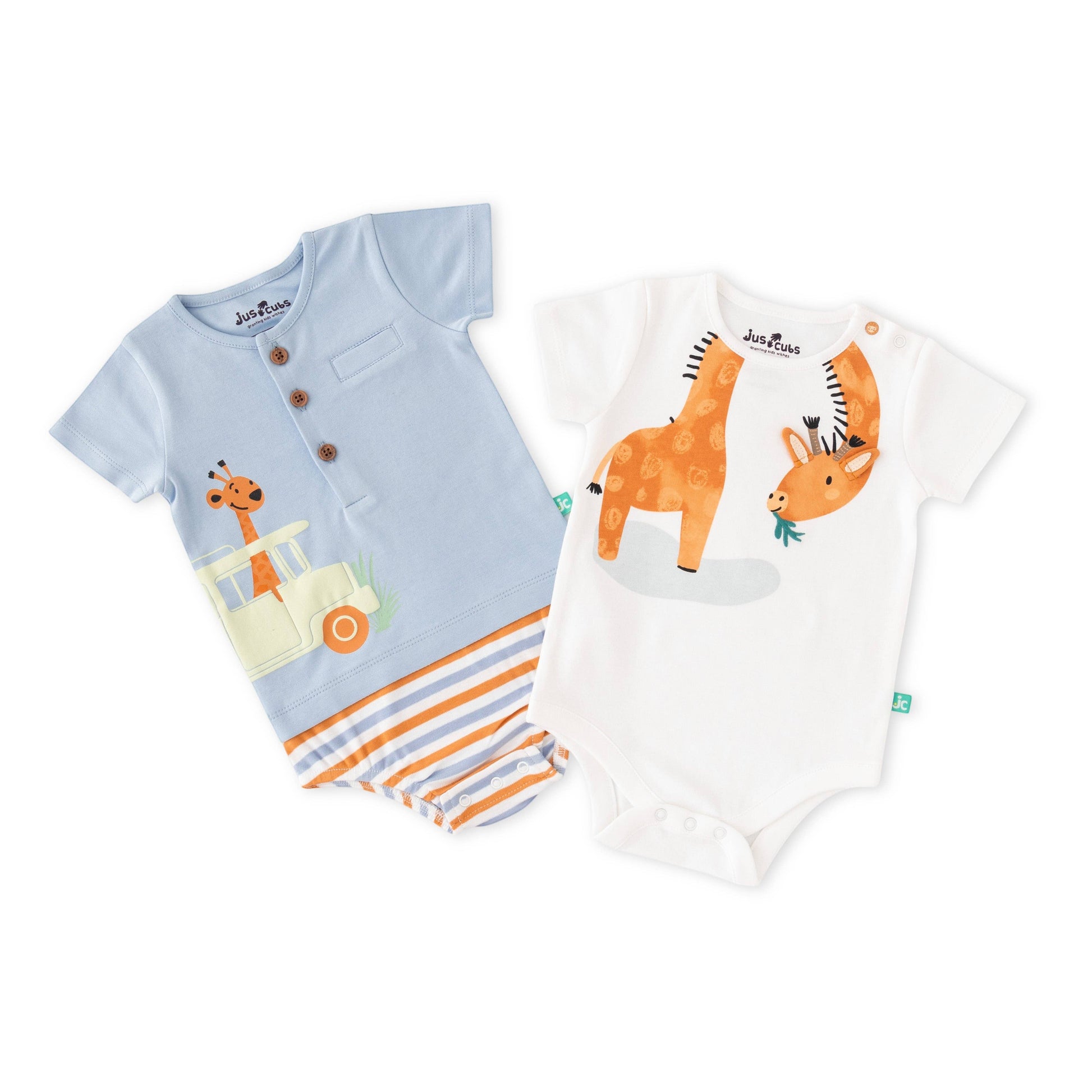 Two baby rompers with giraffe designs on a white background