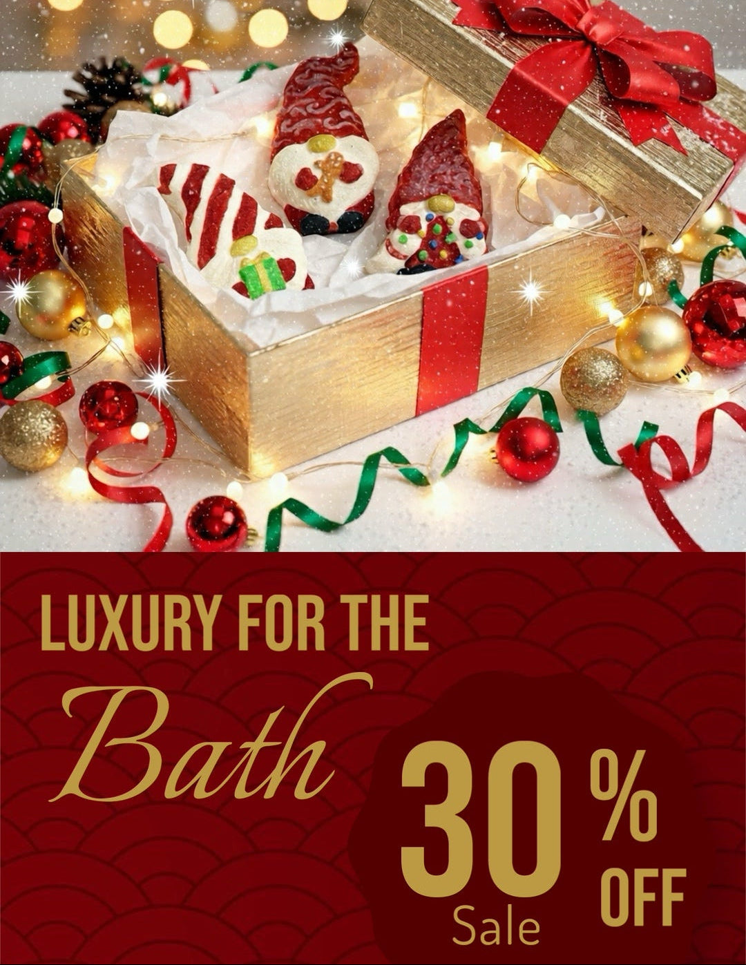 Christmas-themed gift set with bath products and promotional text for a sale on a red background.