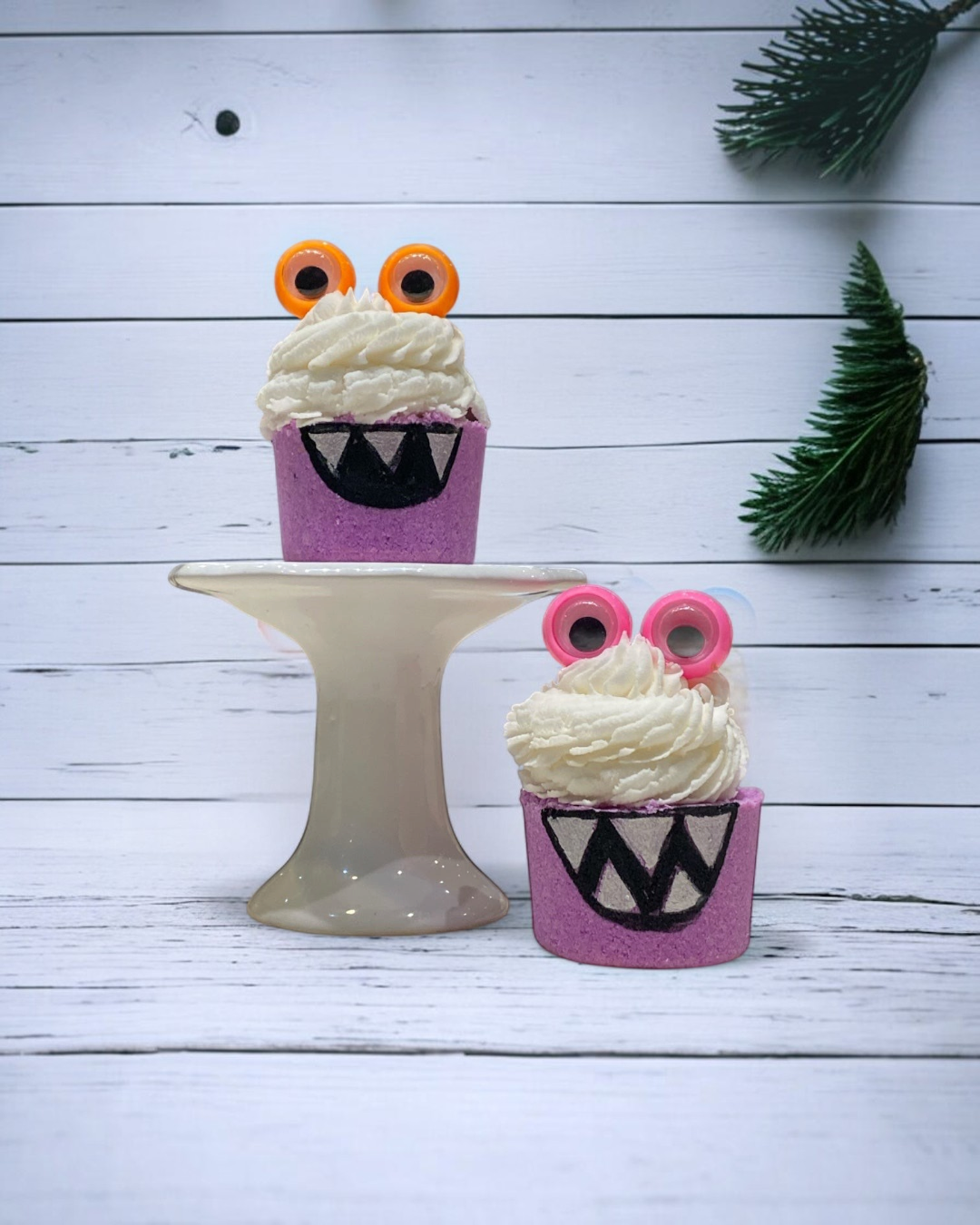 Calla Lily Cosmetics + CL kids purple grape monster bath bombs shaped like cupcakes with googly eyes and bubble icing