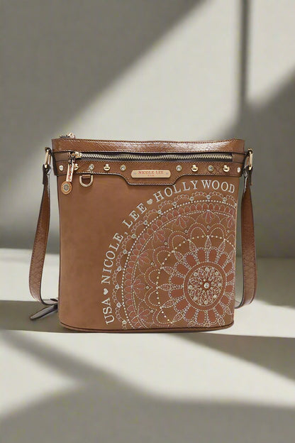 Nicole Lee USA Metallic Stitching Embroidery Inlaid Rhinestone Crossbody Bag