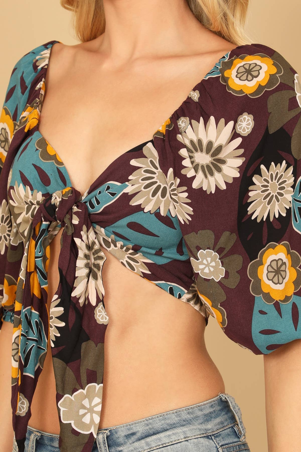 Brown Puff Sleeve Knot Detail Printed Bralette Top