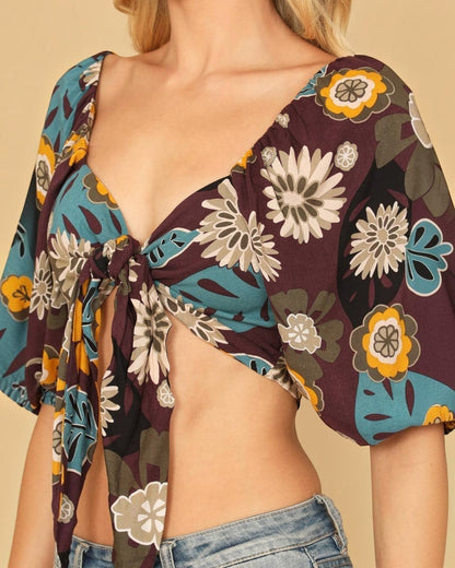Brown Puff Sleeve Knot Detail Printed Bralette Top