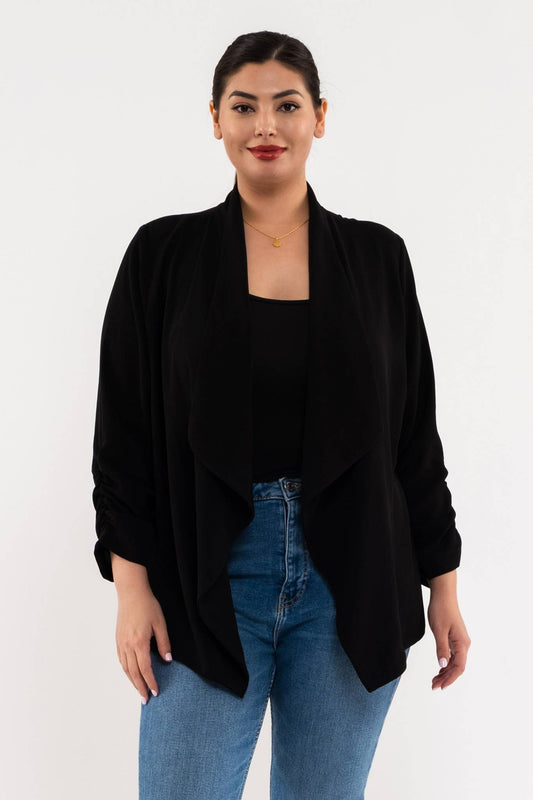 Plus Size 3/4 Length Rouched Sleeve Blazer