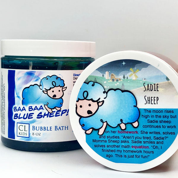 A jar of our blue sheep bubble bath slime against a white background