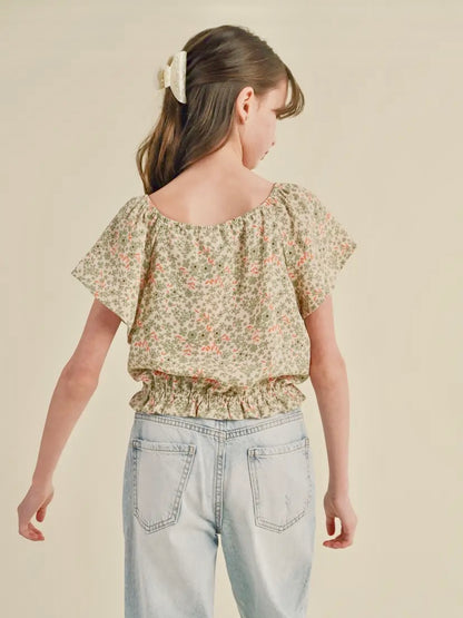 Short Sleeve Cinched Floral Top - Tween - Calla Lily Cosmetics + CL kids