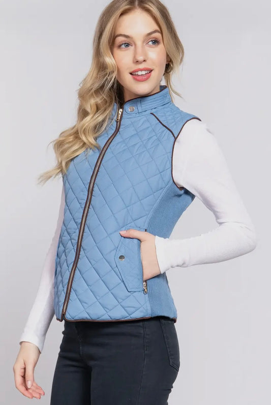 Blue Slim Fit Quilted Vest