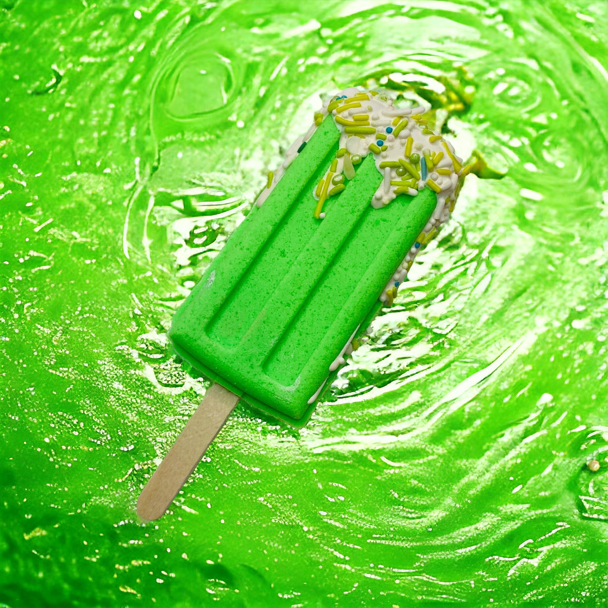 A  popsicle bath bomb - green against a green watery background