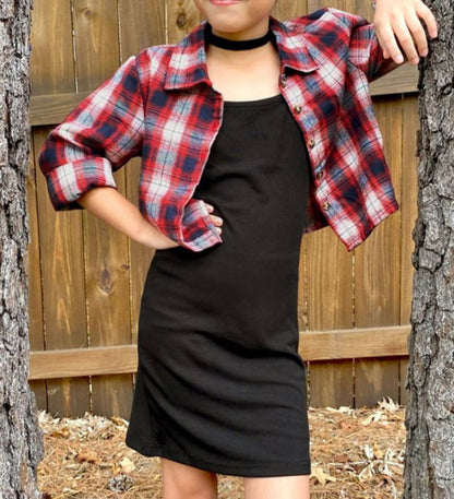 Spaghetti Strap Black Dress & Red Flannel Shirt - Calla Lily Cosmetics + CL kids