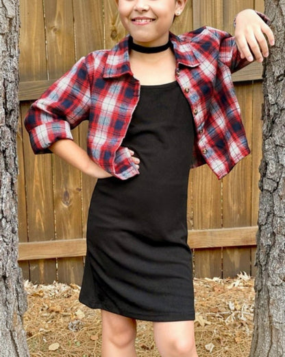 Spaghetti Strap Black Dress & Red Flannel Shirt - Calla Lily Cosmetics + CL kids