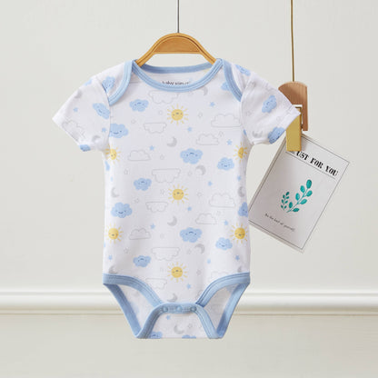 Baby bodysuit with cloud and flower pattern on a hanger