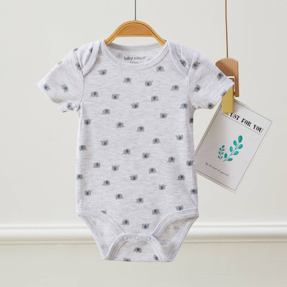 Gray baby onesie with blue patterns on a hanger against a white background