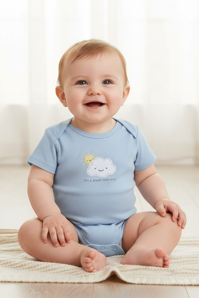 Baby wearing a light blue onesie with a cloud design, sitting on a beige blanket.