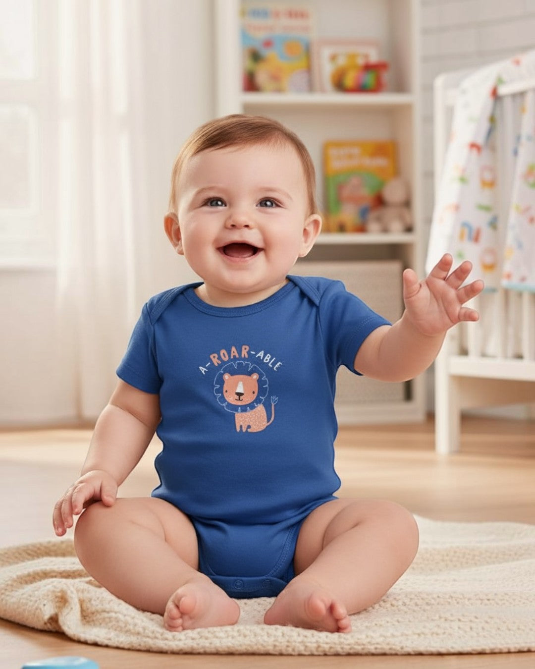 Baby wearing a blue onesie with a lion graphic and 'Roar-able' text, sitting on a rug in a room with toys and books.