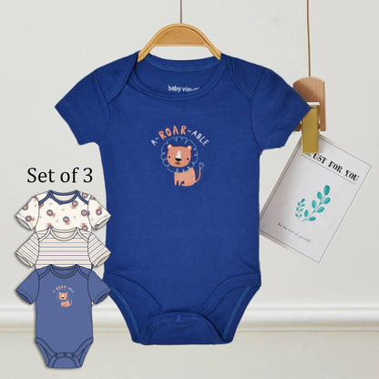 Blue baby bodysuit with lion design on a hanger, set of three shown below.