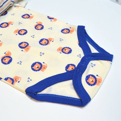 Baby onesie with lion pattern and blue trim on a white background