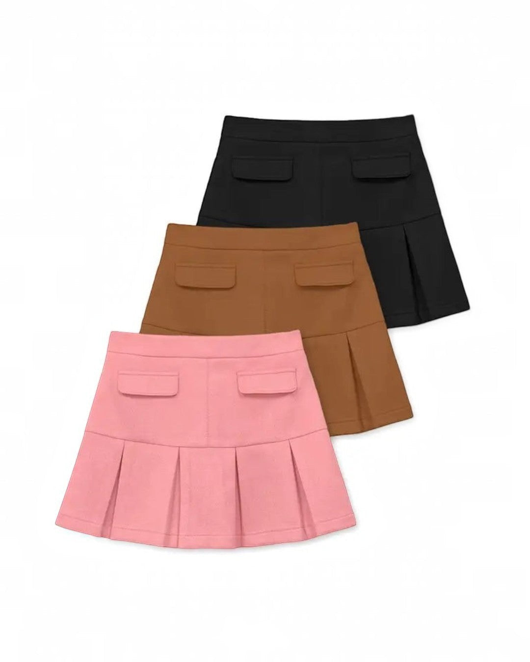 Three pleated skirts in black, brown, and pink on a white background