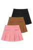 Three pleated skirts in black, brown, and pink on a white background
