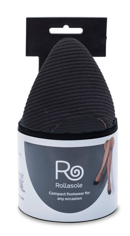 Black foot sole with packaging displaying 'Rollasole' brand on a white background