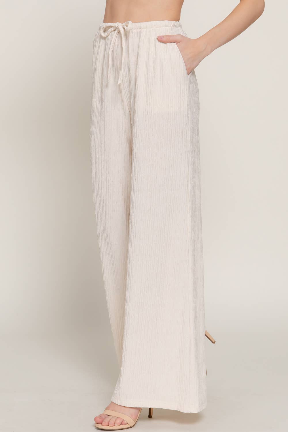 Ivory Crinkle Knit Long Pants