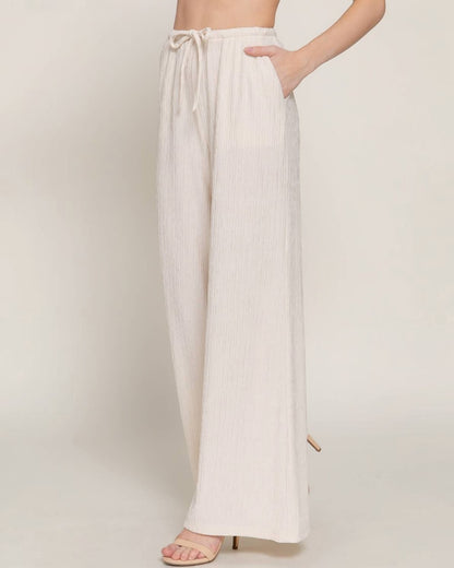 Ivory Crinkle Knit Long Pants