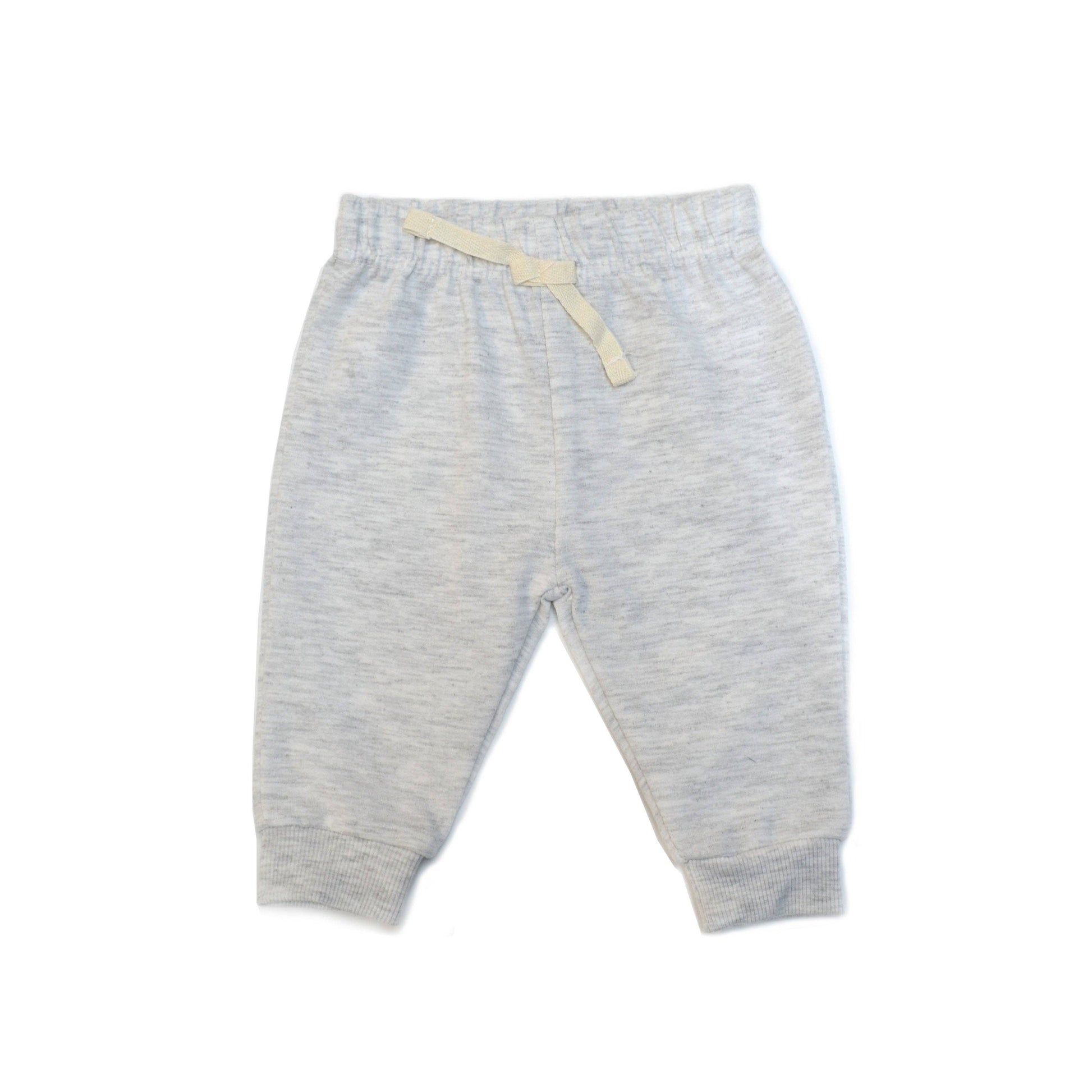 Gray baby pants with a yellow waistband on a white background