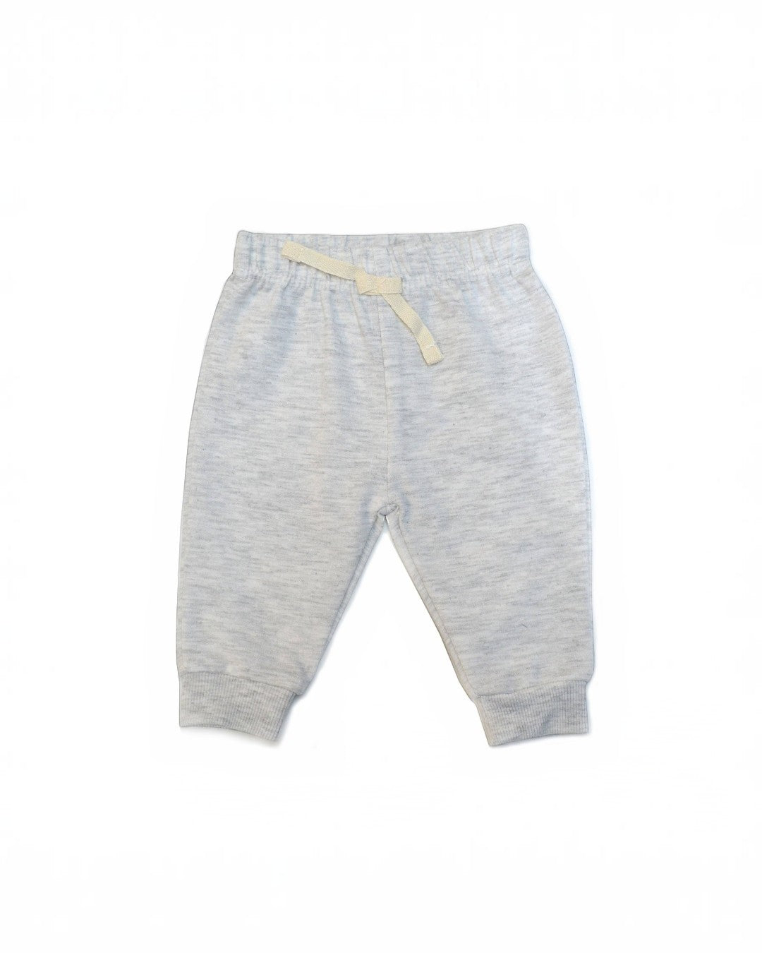 Gray baby pants with a yellow waistband on a white background