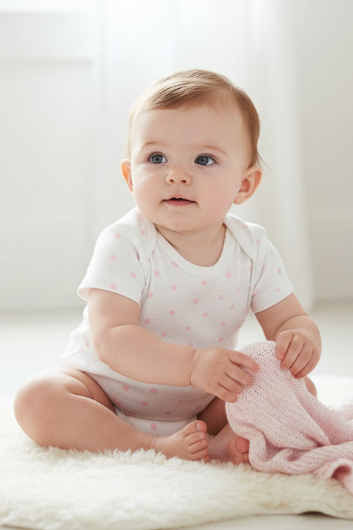 White baby bodysuit with pink polka dots on a white background