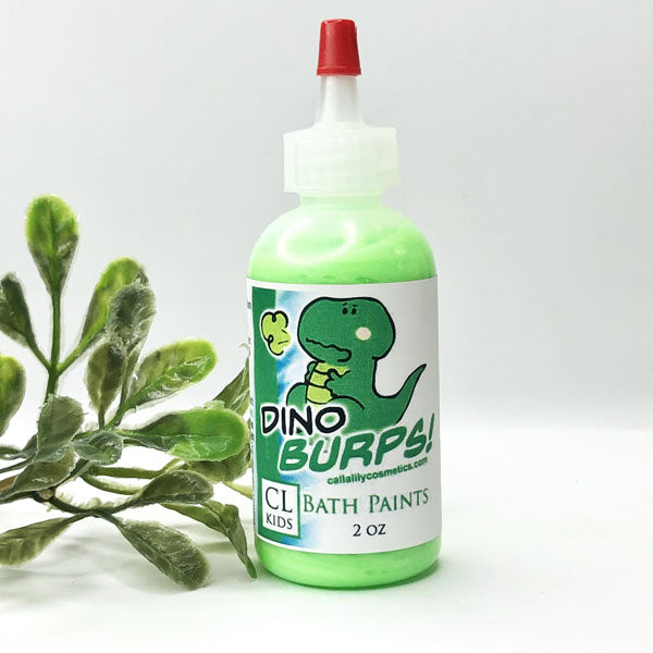 A bottle of our green dino burps bath paints against a white background