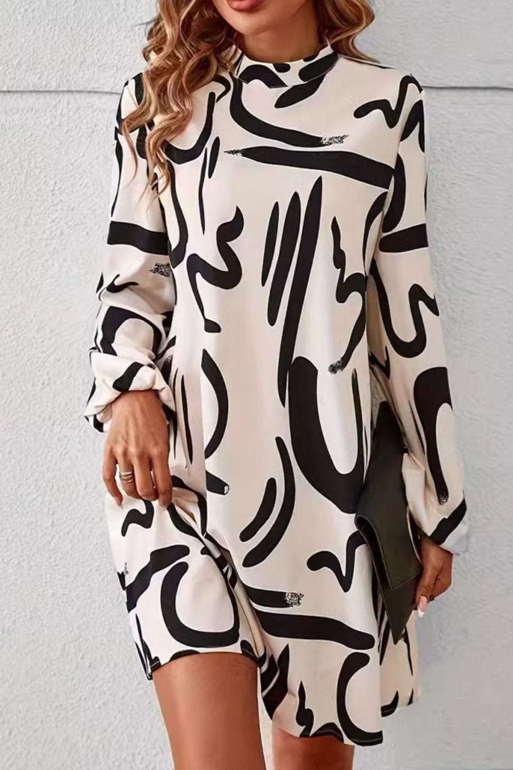 Printed Mock Neck Long Sleeve Mini Dress