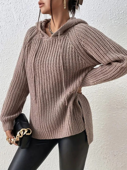 High-Low Side Slit Drawstring Long Sleeve Hooded Sweater