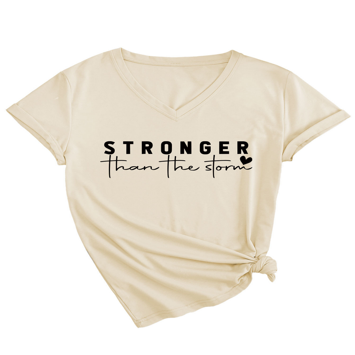 Beige t-shirt with 'Stronger than the storm' text on a white background