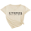 Beige t-shirt with 'Stronger than the storm' text on a white background