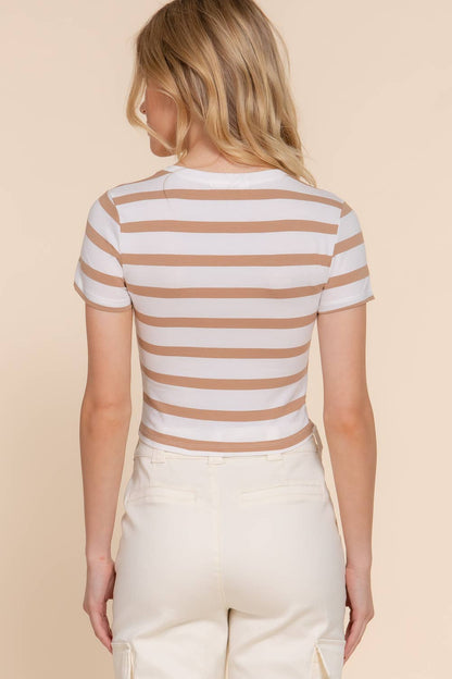 Short Sleeve Tan Stripe Crop Top