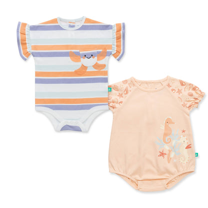 Two baby bodysuits on a white background, one striped and one with a dinosaur print.