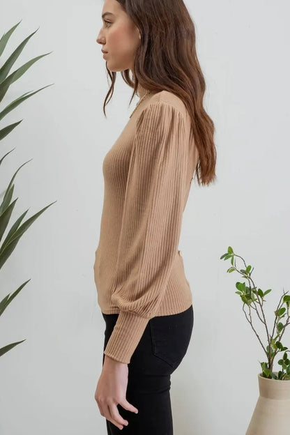 Khaki Mock Neck Ribbed Top