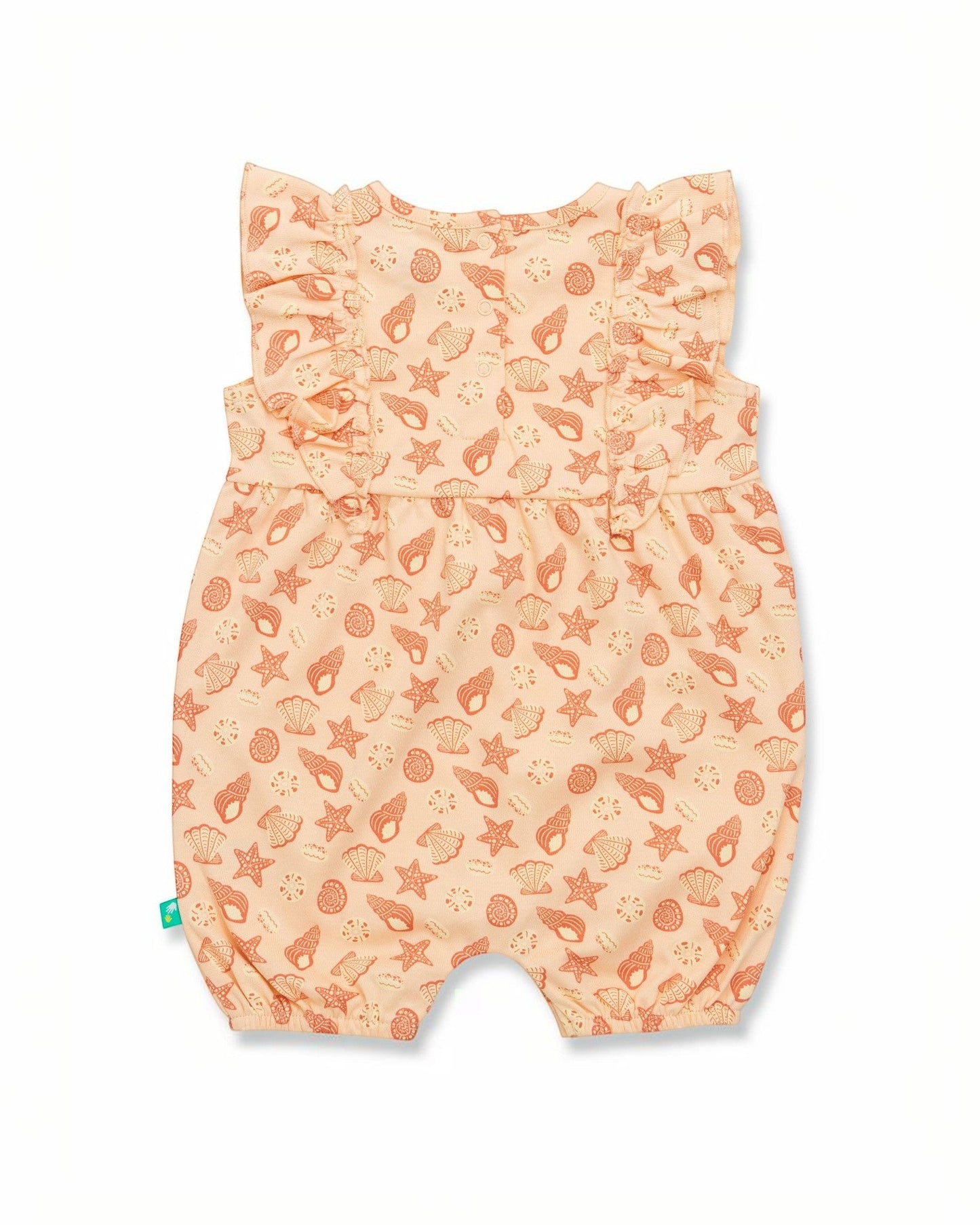 Baby romper with sea-themed pattern on a white background