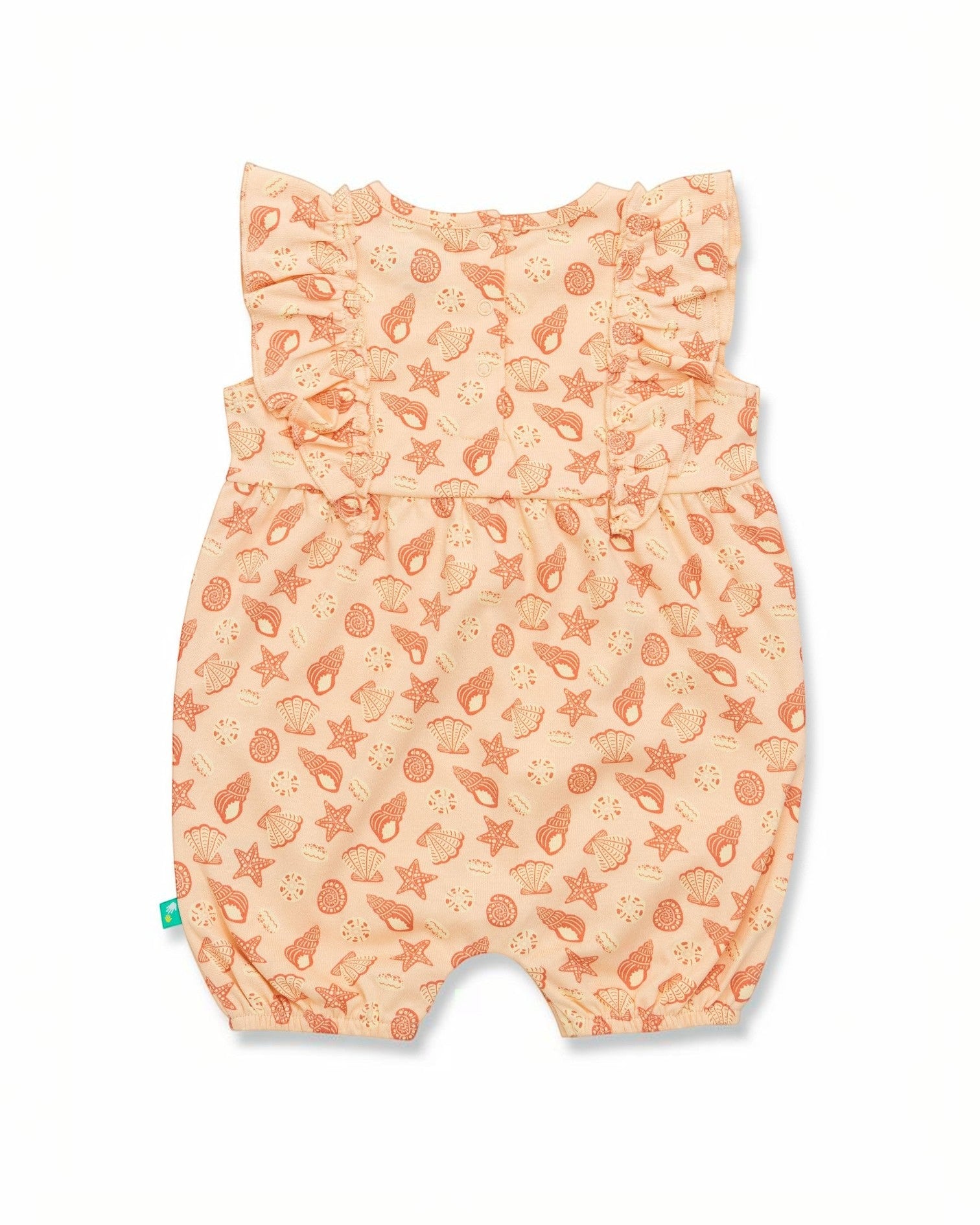 Baby romper with sea-themed pattern on a white background