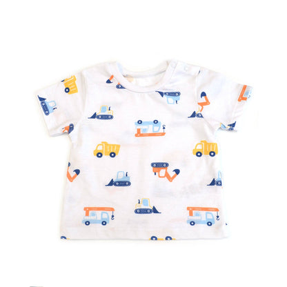Baby onesie with truck pattern on a white background