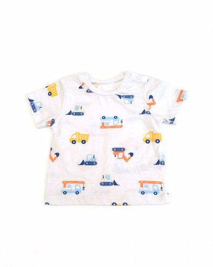 Baby onesie with truck pattern on a white background