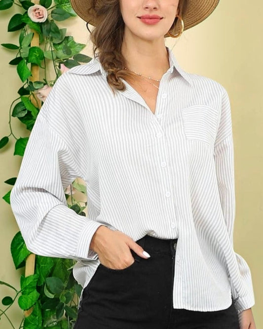White Button Down with Grey Pinstripes - Calla Lily Cosmetics + CL kids