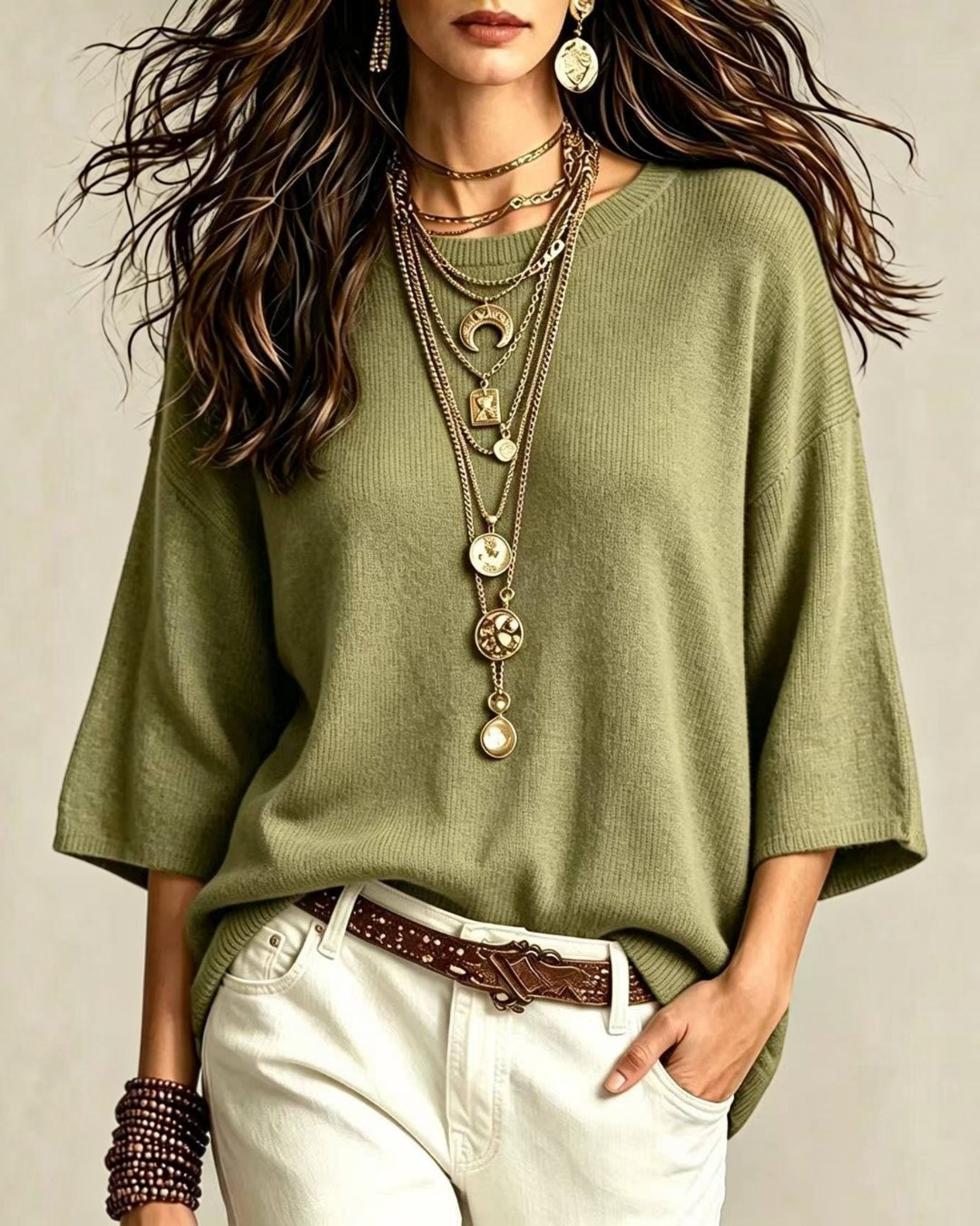Calla Lily Cosmetics + CL kids olive green 3/4 sleeve knit sweater worn with layered gold necklaces and white pants.