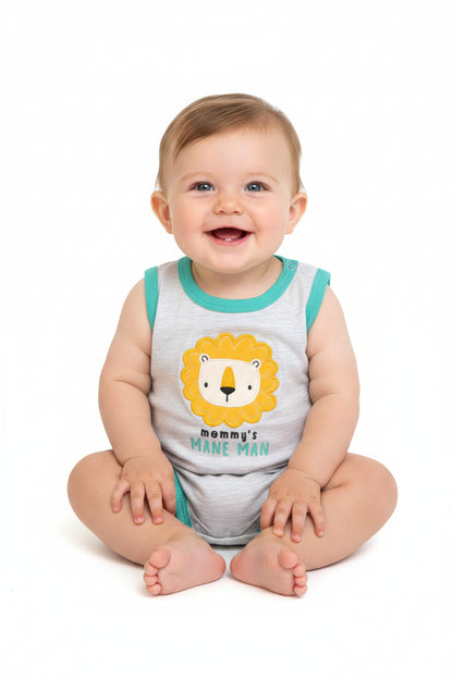 Baby romper with lion graphic and text on a white background