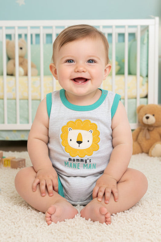 Baby romper with lion graphic and text on a white background