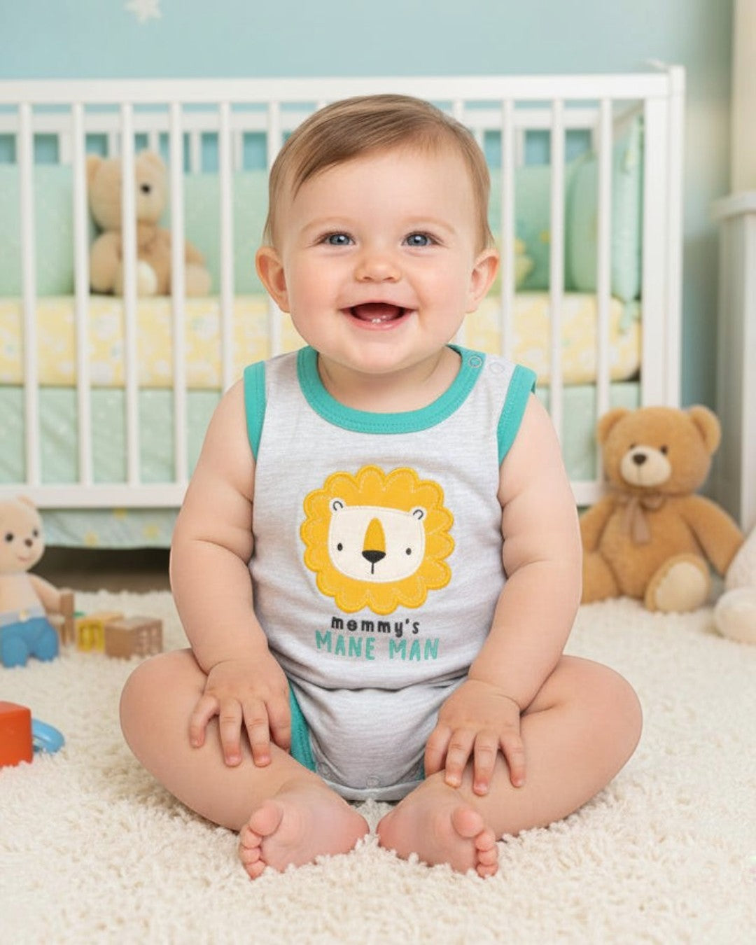 Baby romper with lion graphic and text on a white background