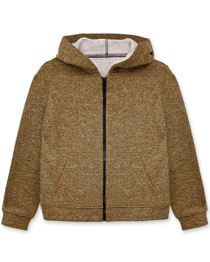 A kids' zip-up hoodie in a heathered brown fabric, featuring a gray lining inside the hood and a black front zipper.