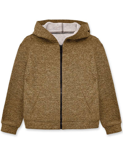 A kids' zip-up hoodie in a heathered brown fabric, featuring a gray lining inside the hood and a black front zipper.